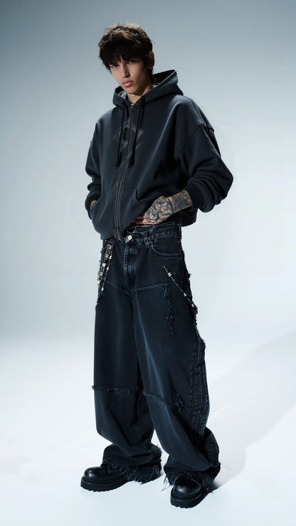 Ripped Faded 9Seal Logo Zip Hoodie Hominus Denim