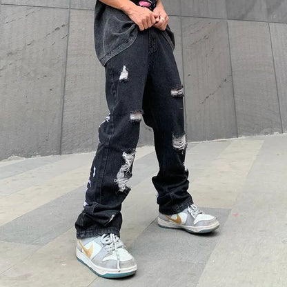 Ripped Hip Hop Hole Embroidery Jeans Men's Korean Oversize Straight Black Vibe Denim Trousers Loose Harajuku Retro Jean Pants Hominus Denim
