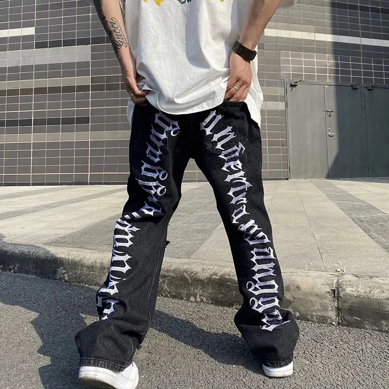 Ripped Hip Hop Hole Embroidery Jeans Men's Korean Oversize Straight Black Vibe Denim Trousers Loose Harajuku Retro Jean Pants Hominus Denim