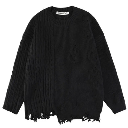Ripped Hip Hop Sweater Men Harajuku Oversized Streetwear Pullover Sweaters Black Beige Jumper Knitwear 2023 Punk Sweater Male Hominus Denim