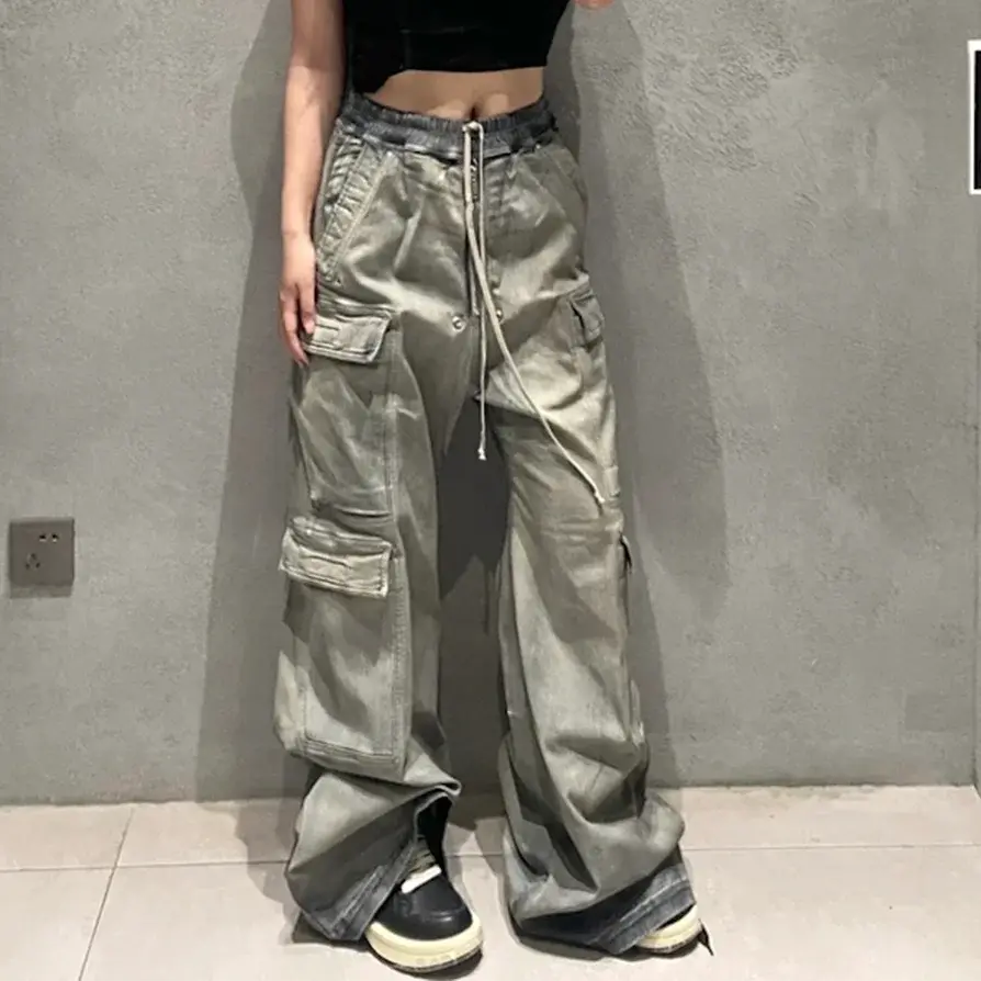 Ro Style Multi-pockets Wide Leg Ribbons Jeans Pants for Men and Women Streetwear Baggy Denim Trousers Oversized Straight Cargos Hominus Denim