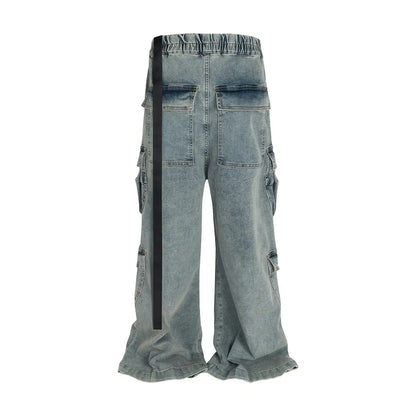 Ro Style Multi-pockets Wide Leg Ribbons Jeans Pants for Men and Women Streetwear Baggy Denim Trousers Oversized Straight Cargos Hominus Denim