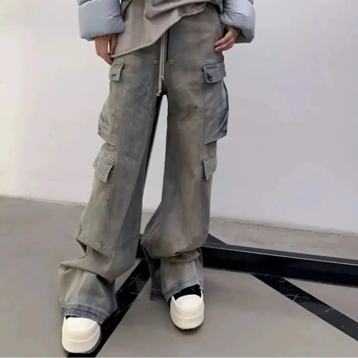 Ro Style Multi-pockets Wide Leg Ribbons Jeans Pants for Men and Women Streetwear Baggy Denim Trousers Oversized Straight Cargos Hominus Denim