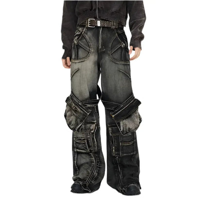 Sharp Spike Structure Straight Black Grey Jeans Strap Zipper Detachable Pocket Cargo Denim Pants Men Hominus Denim