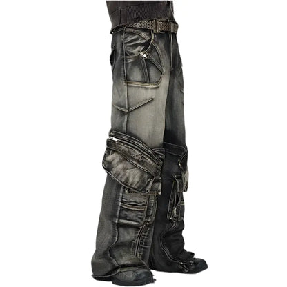 Sharp Spike Structure Straight Black Grey Jeans Strap Zipper Detachable Pocket Cargo Denim Pants Men Hominus Denim