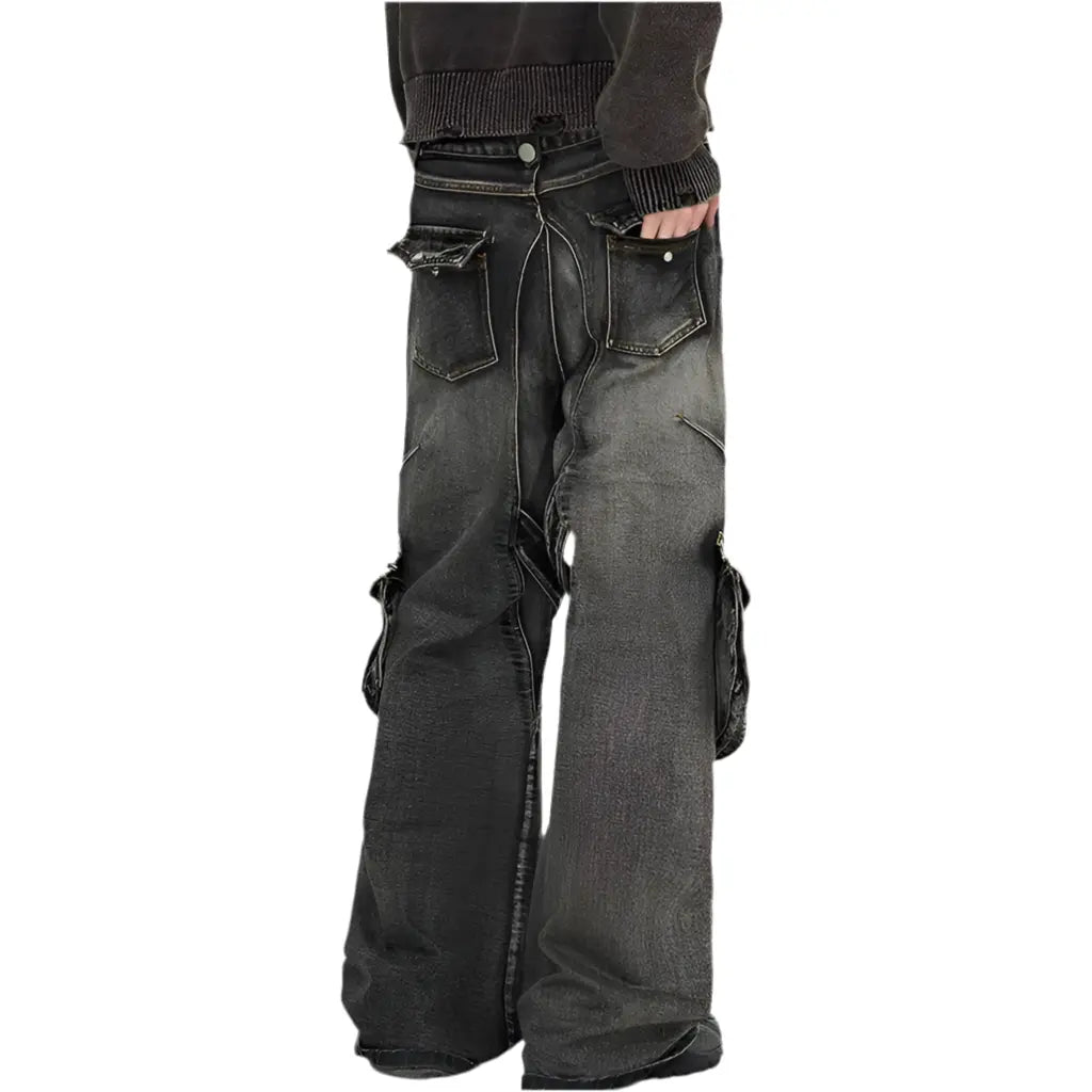 Sharp Spike Structure Straight Black Grey Jeans Strap Zipper Detachable Pocket Cargo Denim Pants Men Hominus Denim