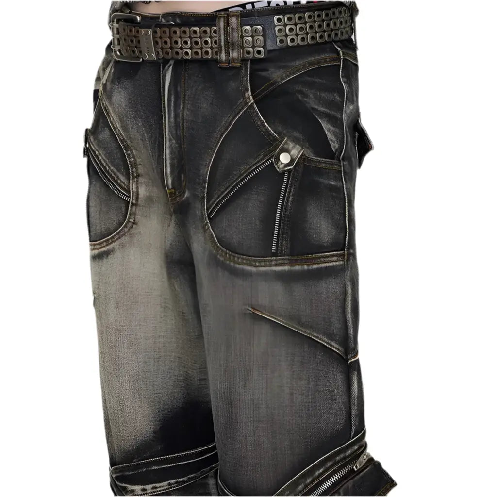 Sharp Spike Structure Straight Black Grey Jeans Strap Zipper Detachable Pocket Cargo Denim Pants Men Hominus Denim