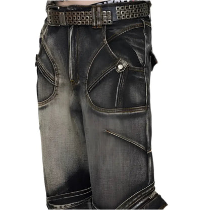 Sharp Spike Structure Straight Black Grey Jeans Strap Zipper Detachable Pocket Cargo Denim Pants Men Hominus Denim