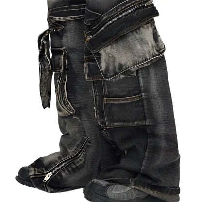 Sharp Spike Structure Straight Black Grey Jeans Strap Zipper Detachable Pocket Cargo Denim Pants Men Hominus Denim