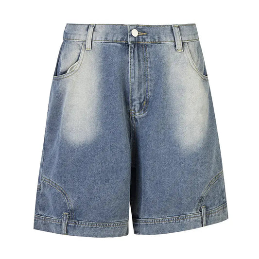 Spliced Denim Shorts Mens Summer High Street Washed Distressed Pocket Wide Leg Elastic Waist Short Pants Men Hominus Denim