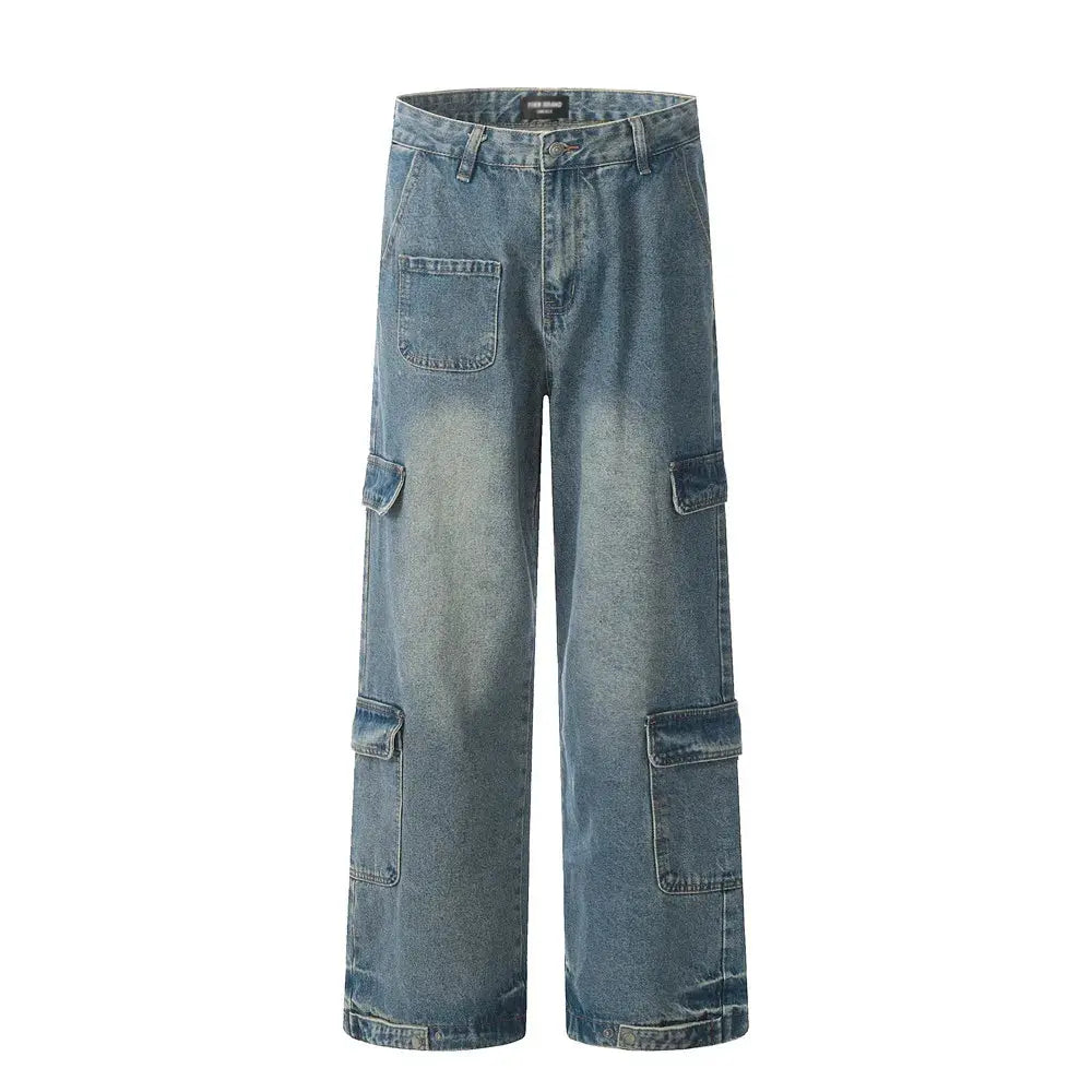 Spliced Pocket Cargo Jeans Mens High Street Loose Wide Leg Washed Distressed Denim Loose Men Trousers Hominus Denim