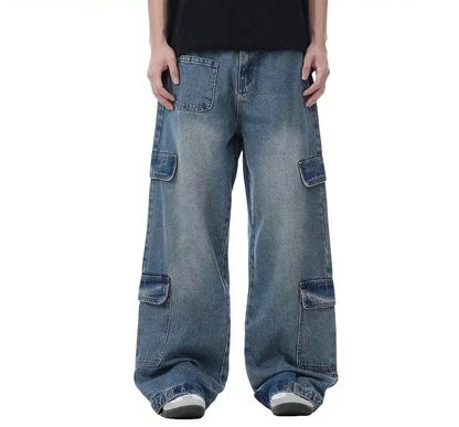 Spliced Pocket Cargo Jeans Mens High Street Loose Wide Leg Washed Distressed Denim Loose Men Trousers Hominus Denim