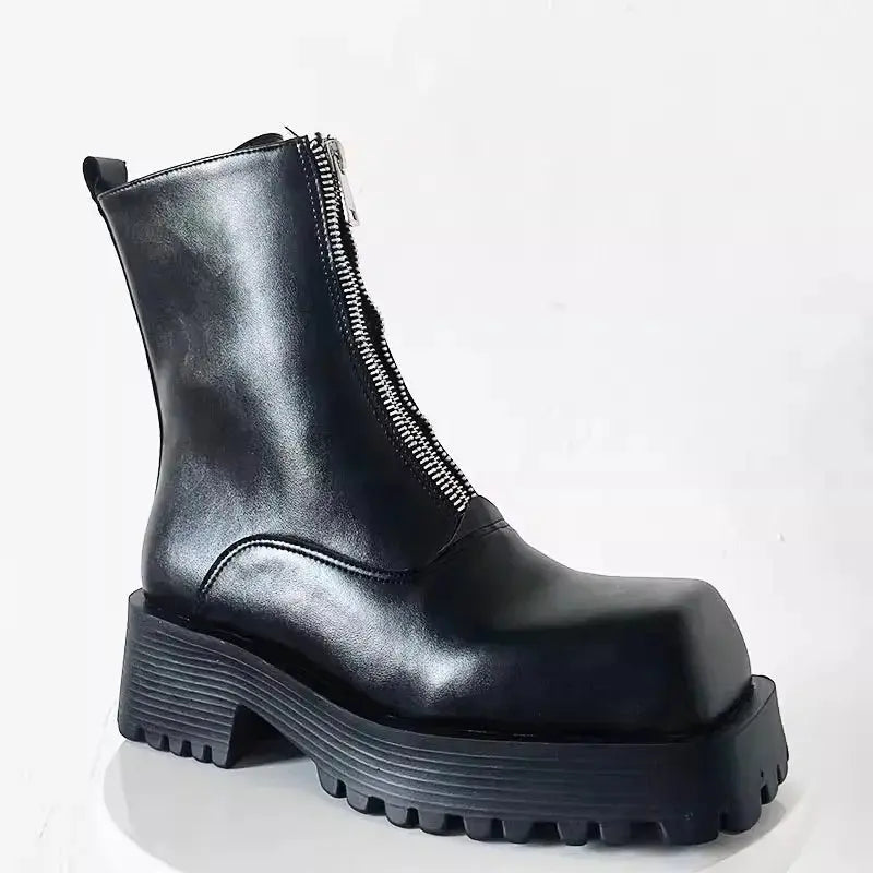 Square Toe Zip Short Boots Male Couple Shoes Black Leather Chelsea Boots for Men Women Mid Top Thick Sole Ankle Boots Size35-44 Hominus Denim