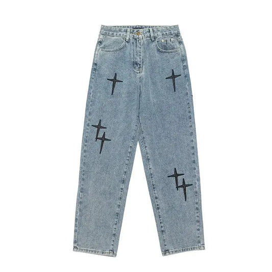 Star Embroidered Blue Baggy Jean