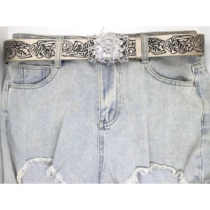 Stereo Flower Buckle Belt PU Wide Belt Trendy Enthusiasts Adjustable Waist Belt Hominus Denim
