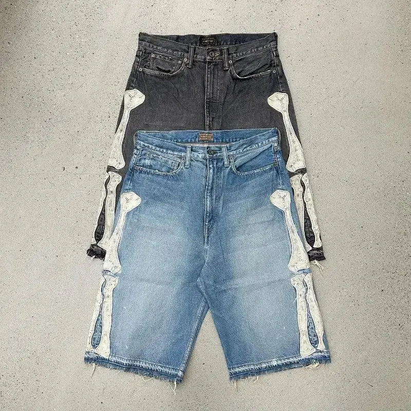 Street Clothing Harajuku New Fashion Bone Embroidery Loose Denim Shorts Men Y2K Retro Hip Hop Pop Gothic High Waist Shorts Pants Hominus Denim