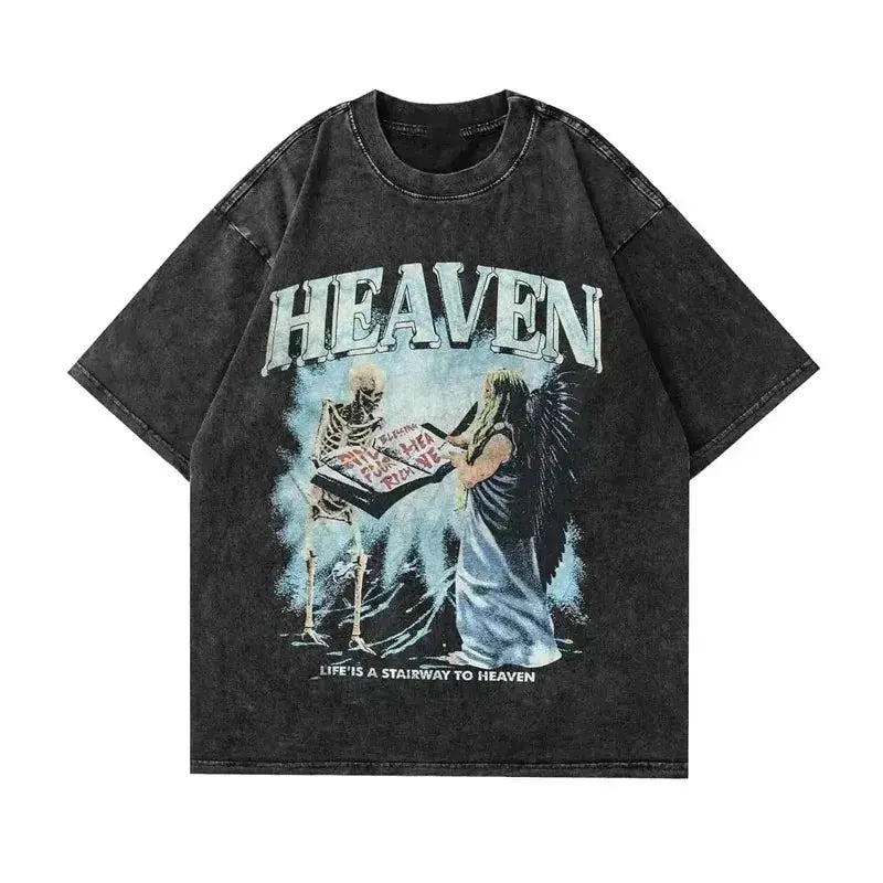 Summer Men Vintage Washed T-Shirts Anime Gothic Streetwear Punk Unisex Short Sleeve Tops Tee Y2k Oversized T-Shirt Clothing Hominus Denim