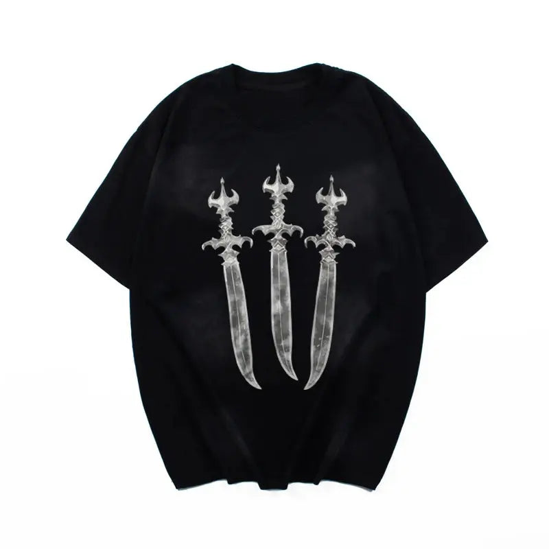 Summer New Holy Sword Print Dirty Dye Baggy Tshirts for Men and Women Streetwear Vintage Loose Casual Short Sleeved T-shirt Hominus Denim
