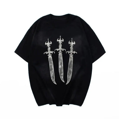 Summer New Holy Sword Print Dirty Dye Baggy Tshirts for Men and Women Streetwear Vintage Loose Casual Short Sleeved T-shirt Hominus Denim