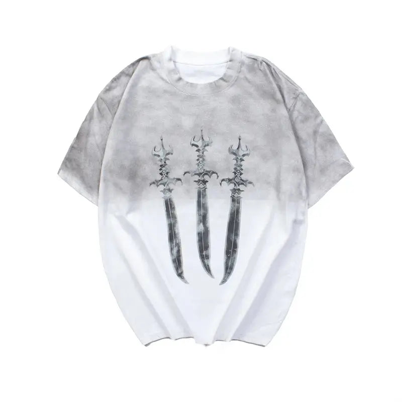Summer New Holy Sword Print Dirty Dye Baggy Tshirts for Men and Women Streetwear Vintage Loose Casual Short Sleeved T-shirt Hominus Denim