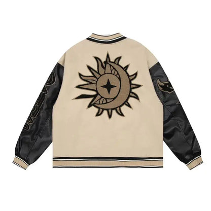 Sun Moon Varsity Bomber Patchwork Leather Letter Embroidery Jacket
