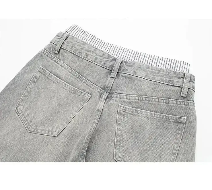 TRAFZA Woman Denim Trousers Patchwork High Waist Loose Zipper Jeans Wild Vintage Commute Streetwear Women's Wide Leg Long Pant Hominus Denim