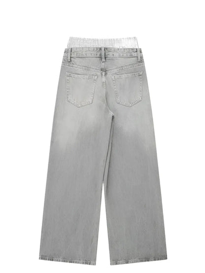 TRAFZA Woman Denim Trousers Patchwork High Waist Loose Zipper Jeans Wild Vintage Commute Streetwear Women's Wide Leg Long Pant Hominus Denim