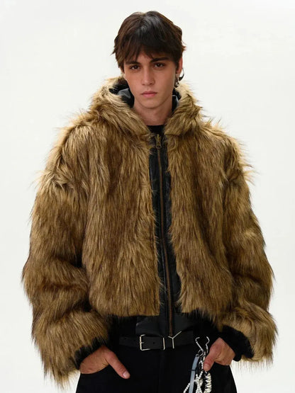 Tung Sung Short Hooded Faux Fur Cotton Coats Trendy Vintage Casual Reversible Coat Fur Integrated Hooded Silhouette Jacket Men Hominus Denim