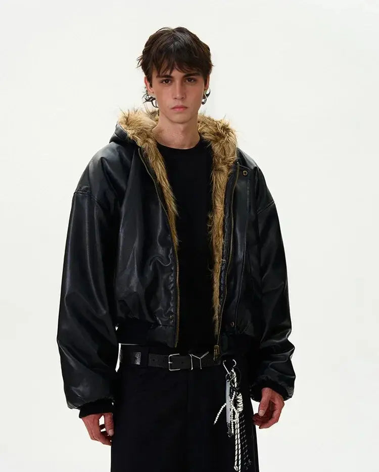 Tung Sung Short Hooded Faux Fur Cotton Coats Trendy Vintage Casual Reversible Coat Fur Integrated Hooded Silhouette Jacket Men Hominus Denim