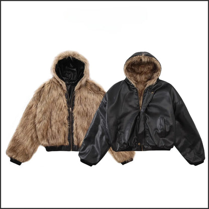 Tung Sung Short Hooded Faux Fur Cotton Coats Trendy Vintage Casual Reversible Coat Fur Integrated Hooded Silhouette Jacket Men Hominus Denim