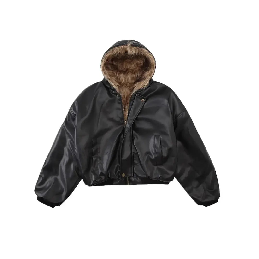 Tung Sung Short Hooded Faux Fur Cotton Coats Trendy Vintage Casual Reversible Coat Fur Integrated Hooded Silhouette Jacket Men Hominus Denim