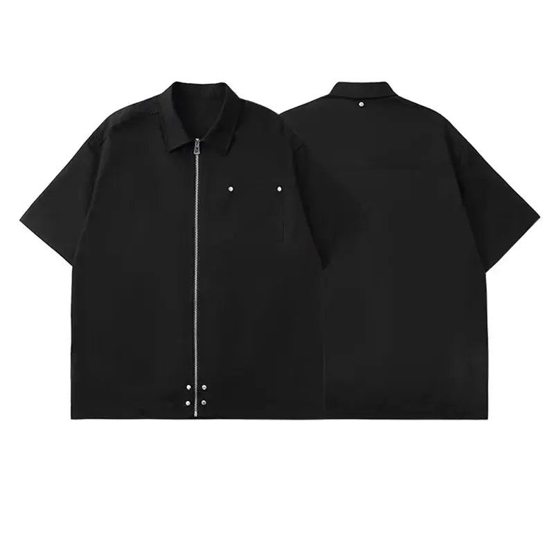 Vintage Black Zipper Short Sleeve Shirt