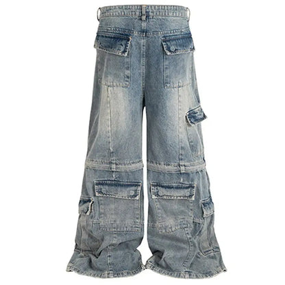 Vintage Blue Baggy Jeans Multi Pocket Loose Wide Leg Denim Pants Men Streetwear Harajuku Hip Hop Jeans Hominus Denim