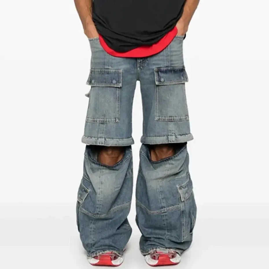 Vintage Blue Baggy Jeans Multi Pocket Loose Wide Leg Denim Pants Men Streetwear Harajuku Hip Hop Jeans Hominus Denim