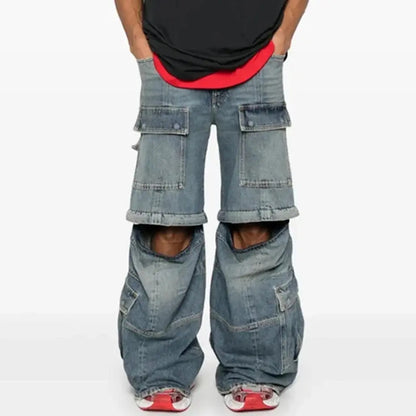 Vintage Blue Baggy Jeans Multi Pocket Loose Wide Leg Denim Pants Men Streetwear Harajuku Hip Hop Jeans Hominus Denim