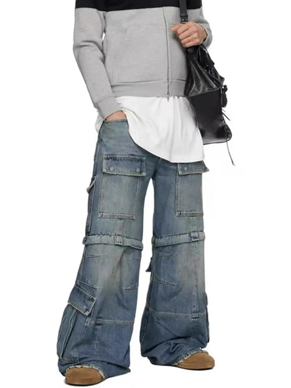 Vintage Blue Baggy Jeans Multi Pocket Loose Wide Leg Denim Pants Men Streetwear Harajuku Hip Hop Jeans Hominus Denim