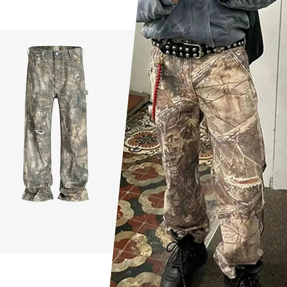 Vintage Camouflage Jeans Distressed Ripped Hip Hop Baggy Jeans Trousers Men Loose Straight Denim Pants Hominus Denim