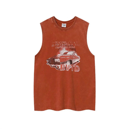 Vintage Car Print Tank Top Mens Summer High Street Summer Washed Distressed Crew Neck Loose Singlets Men Hominus Denim