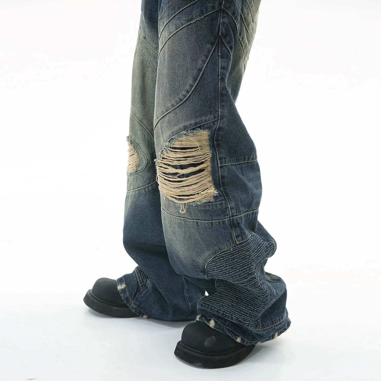 Vintage Men's Jeans High Street Spliced Hole Straight Wide Leg Denim Pants Fashion Distress Blue Loose Trousers Streetwear New Hominus Denim