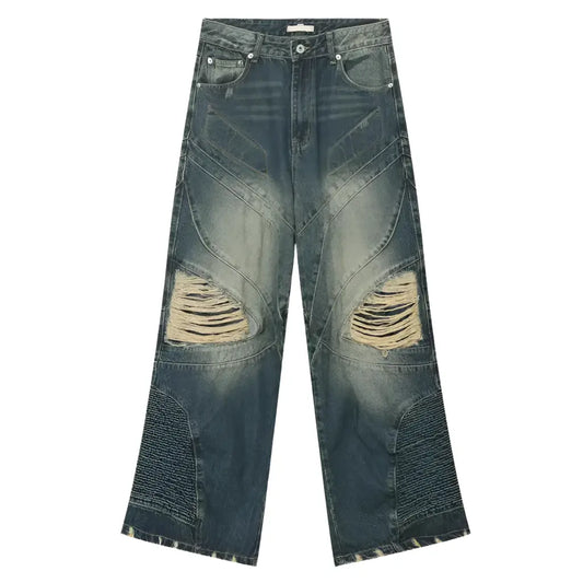 Vintage Men's Jeans High Street Spliced Hole Straight Wide Leg Denim Pants Fashion Distress Blue Loose Trousers Streetwear New Hominus Denim