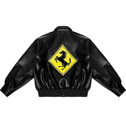 Vintage Motorcycle Embroidered Leather Bomber Jacket