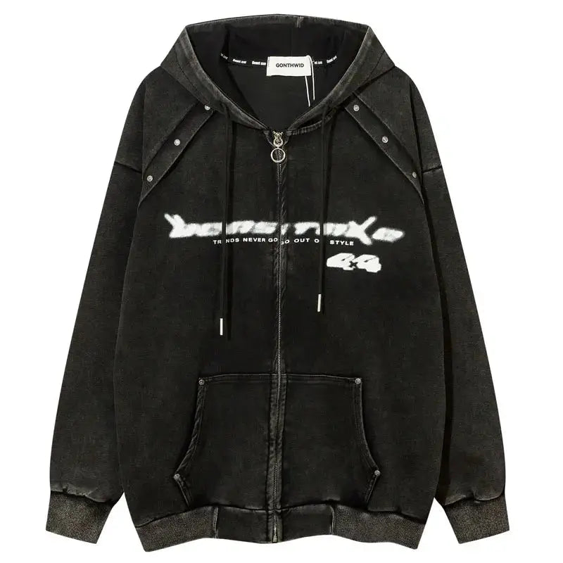 Vintage Oversized Hoodie Coat Streetwear Hip Hop Full Zip Up Washed Hooded Sweatshirt Y2K Men Harajuku Punk Gothic Loose Jackets Hominus Denim