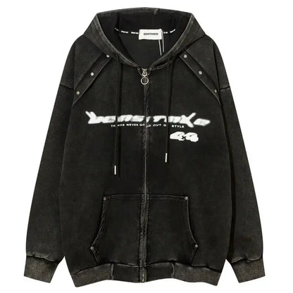 Vintage Oversized Hoodie Coat Streetwear Hip Hop Full Zip Up Washed Hooded Sweatshirt Y2K Men Harajuku Punk Gothic Loose Jackets Hominus Denim