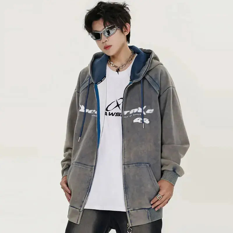 Vintage Oversized Hoodie Coat Streetwear Hip Hop Full Zip Up Washed Hooded Sweatshirt Y2K Men Harajuku Punk Gothic Loose Jackets Hominus Denim