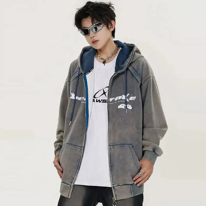 Vintage Oversized Hoodie Coat Streetwear Hip Hop Full Zip Up Washed Hooded Sweatshirt Y2K Men Harajuku Punk Gothic Loose Jackets Hominus Denim