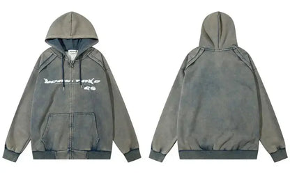 Vintage Oversized Hoodie Coat Streetwear Hip Hop Full Zip Up Washed Hooded Sweatshirt Y2K Men Harajuku Punk Gothic Loose Jackets Hominus Denim