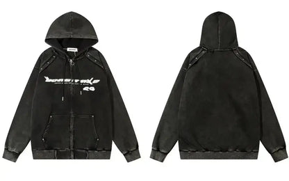 Vintage Oversized Hoodie Coat Streetwear Hip Hop Full Zip Up Washed Hooded Sweatshirt Y2K Men Harajuku Punk Gothic Loose Jackets Hominus Denim