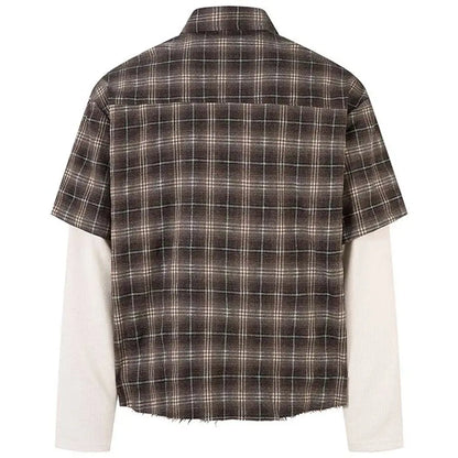 Vintage Plaid Shirts Fake Two Piece Loose Long Sleeve Shirts Button Up Blouse Streetwear Harajuku Hip Hop Shirts Hominus Denim