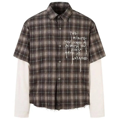 Vintage Plaid Shirts Fake Two Piece Loose Long Sleeve Shirts Button Up Blouse Streetwear Harajuku Hip Hop Shirts Hominus Denim