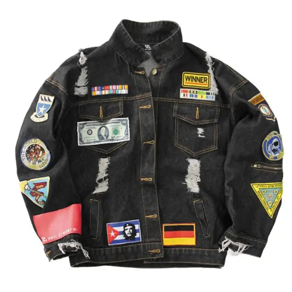 Vintage Punk Multi-Label Denim Ripped Jacket